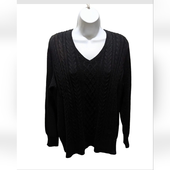 NWT Chaps Cable Knit Pullover Sweater Long Sleeve 1X Black Sparkle - Picture 1 of 10